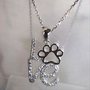 Sterling Silver 925 Pave Cubic Zirconia Clear Pet Paw LOVE Pendant Necklace NWOT